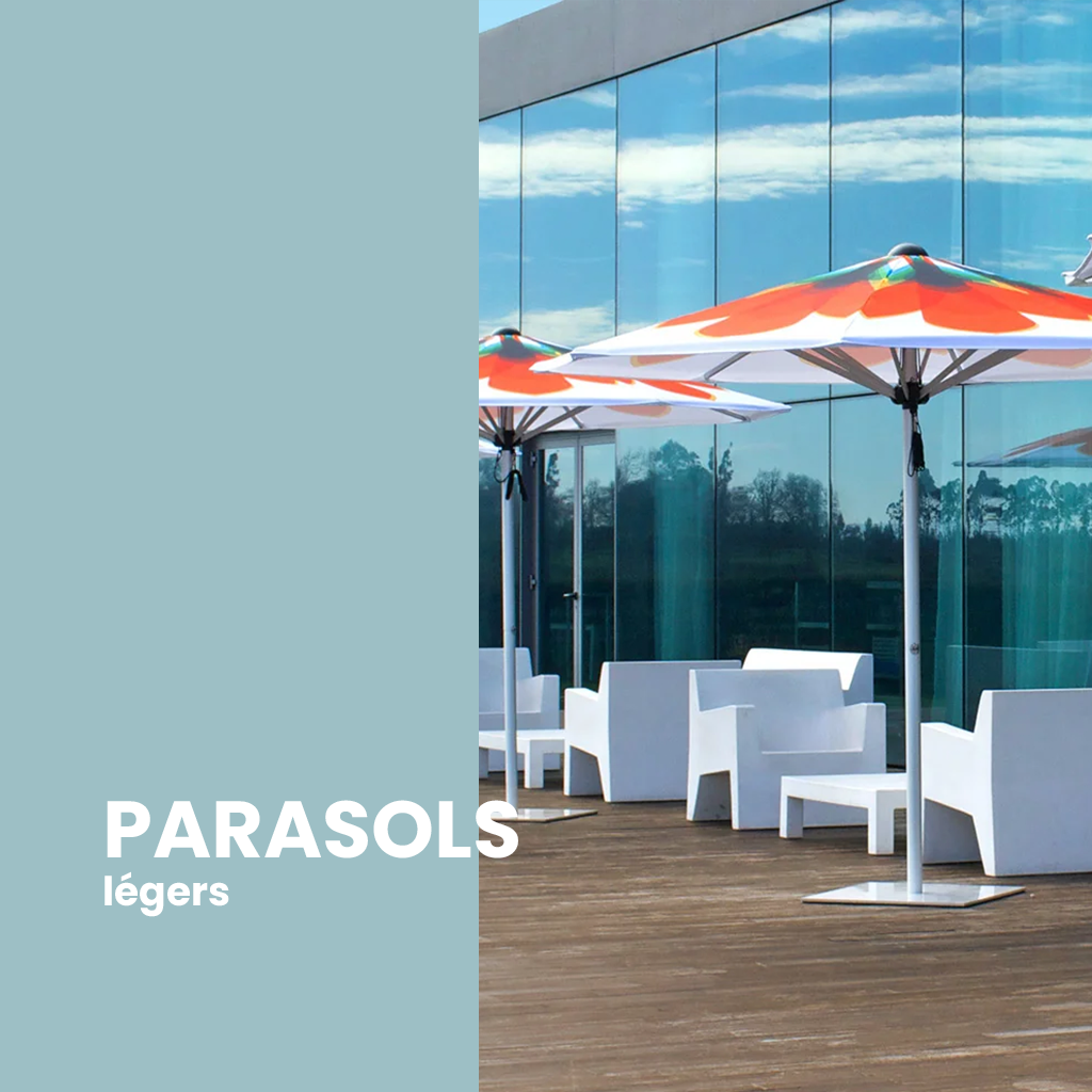 Des parasols légers, parfaits pour vos terrasses de café, restaurants, ou même pour le bord de piscine. Du mobilier urbain grandement qualitatifs avec un grand nombre de choix de coloris.